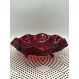 Vintage Fenton Ruby Red And Yellow Glass Candy Dish Three Footed Hobnail 7"